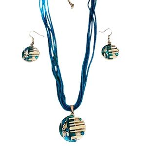 Fashion Jewelry Necklace Earrings Set Art Deco MCM Turquoise Blue Silvertone
